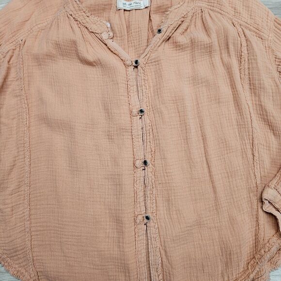 We The Free People Orange Cotton Distressed Blouse Size Small Oversized Button - Picture 5 of 10